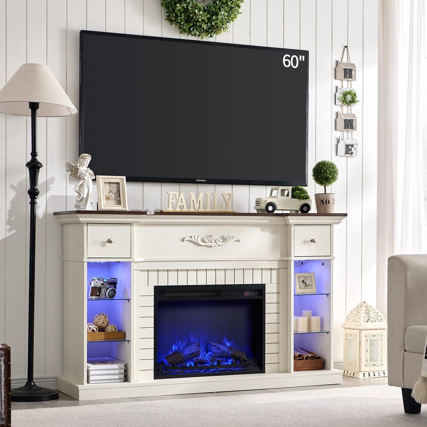 IFBUY 54" Farmhouse Electric Fireplace TV Stand for 60 Inch TV, 33" Tall LED Entertainment Center w/7 Color, Open Adjustable Shelves & Drawers, 23'' Fireplace Insert Heater for Living Room, White