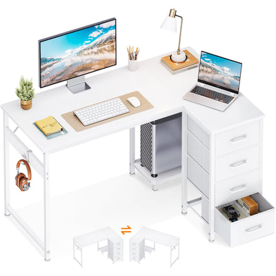 Casaottima L Shaped Desk with 4 Drawers, 40" Small White Computer Desk with Storage, Reversible Kids Study Desk with CPU Stand & Hook, Corner Desk for Home Office