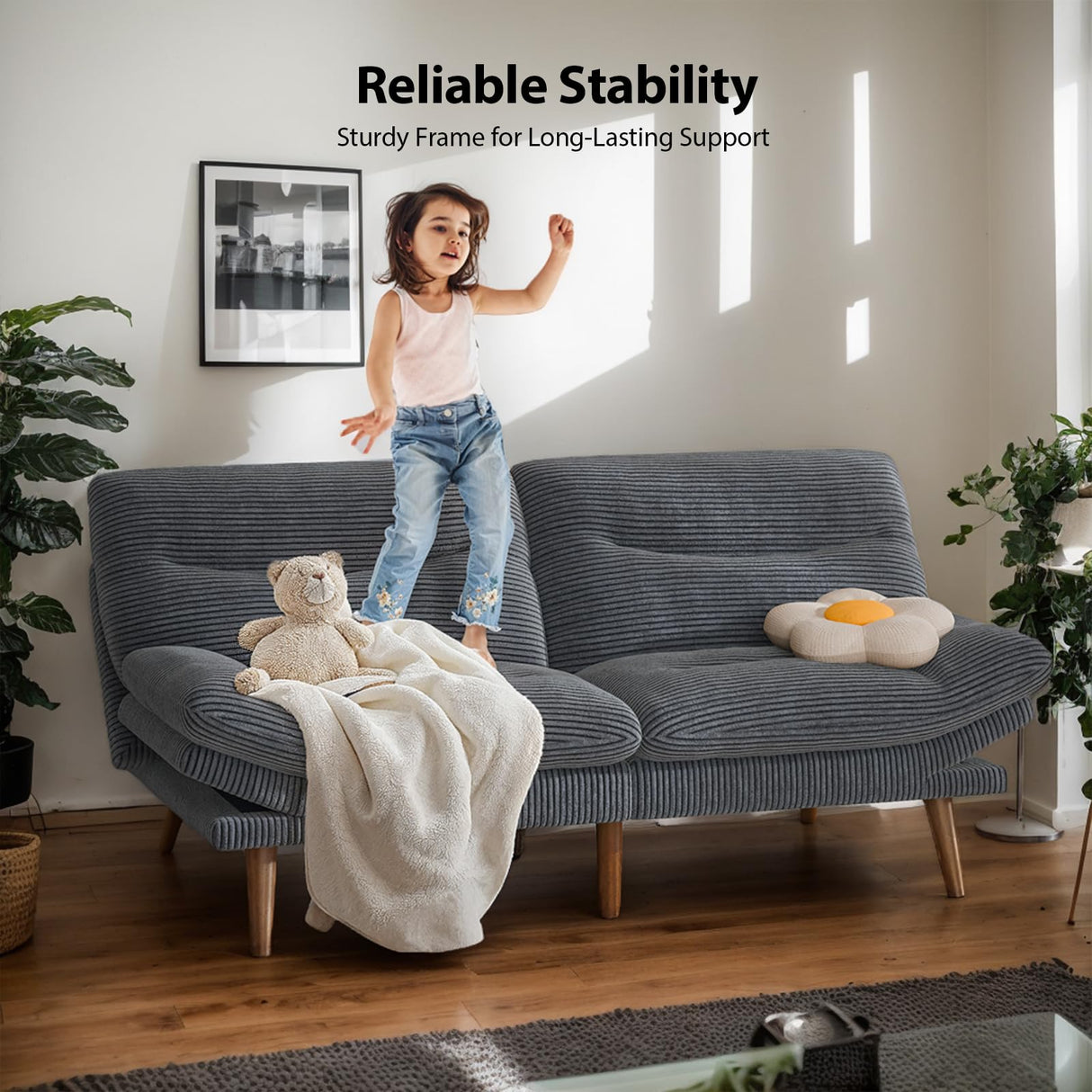 PERLECARE Convertible Futon Sofa Bed, Corduroy Futon Couch with Adjustable Backrest and Armrests, 3-in-1Recliner Sleeper Sofa for Small Spaces, Play Room or Office（Grey，66 in） PERLECARE