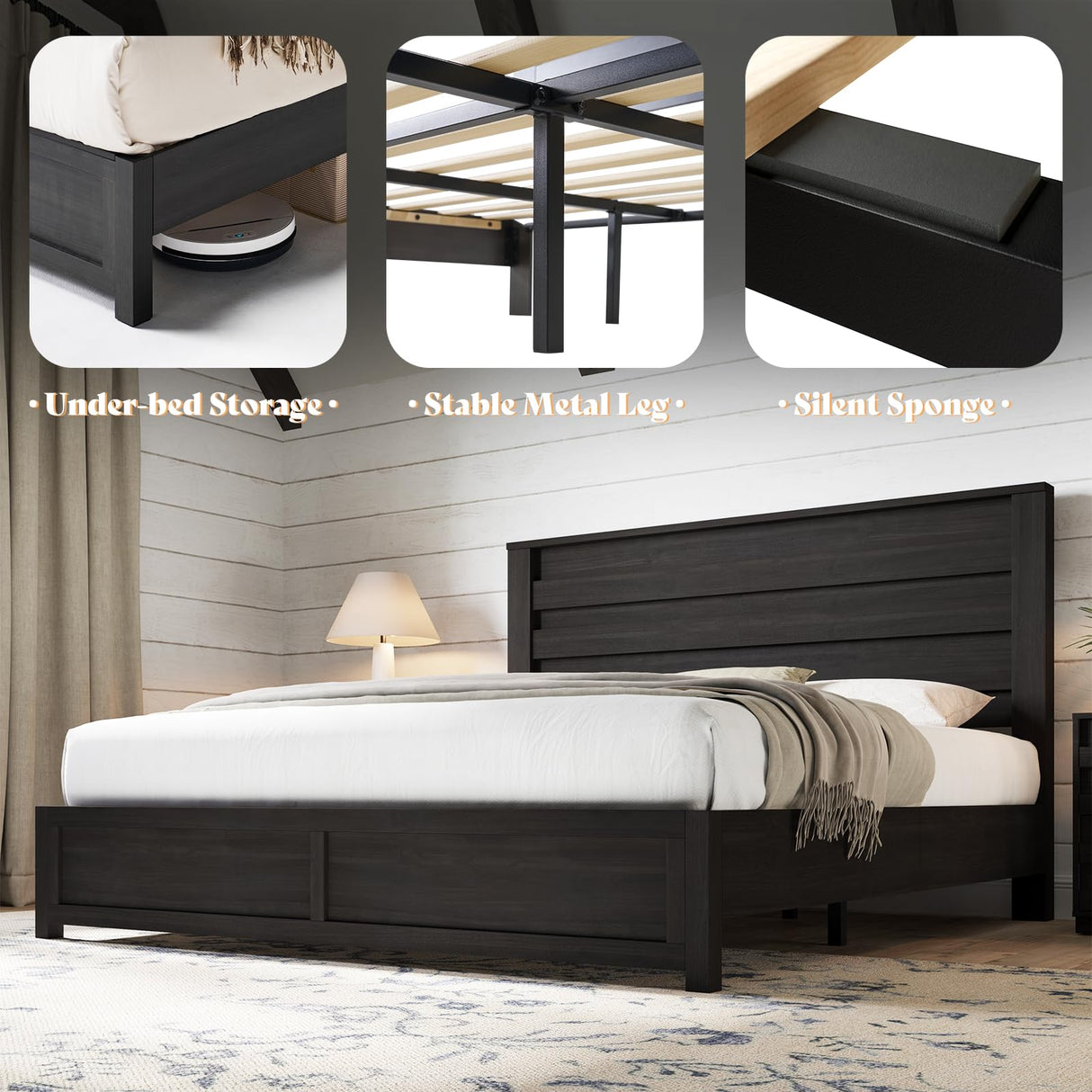 AMERLIFE Farmhouse King Size Bed Frame with 49" Fluted Headboard, Wood Platform Bed with Natural Grain, No Box Spring Needed/Noise Free, Black AMERLIFE