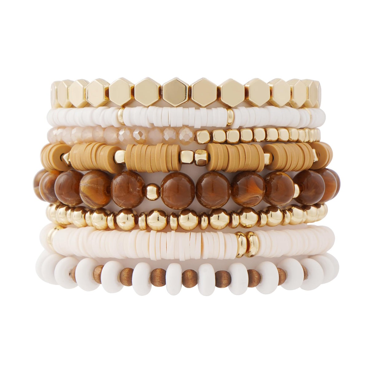 GOOJIDS Surfer Heishi Clay Bead Bracelets for Women Bohemian Stackable Gold Beaded Stretch Bracelets Elastic Layering Friendship Bracelets Set Boho Jewelry (X-Light Brown Set) GOOJIDS