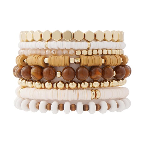 GOOJIDS Surfer Heishi Clay Bead Bracelets for Women Bohemian Stackable Gold Beaded Stretch Bracelets Elastic Layering Friendship Bracelets Set Boho Jewelry (X-Light Brown Set) GOOJIDS