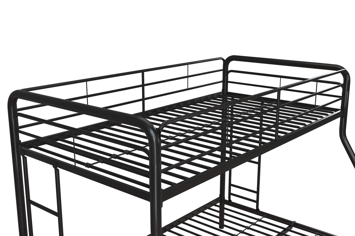 DHP Dusty Metal Bunk Bed Frame for Kids, Teens, and Adults, With Angled Ladder, High Full Length Guardrail, Smooth Rounded Edges, No Boxspring Required, For Small Spaces, Twin-Over-Full, Black DHP