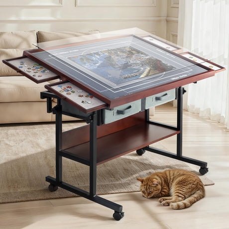 Giein Rotating Puzzle Table with Drawers - 1500 Pieces Jigsaw Puzzle Board for Adult, Tilting Wooden Jigsaw Table Giein