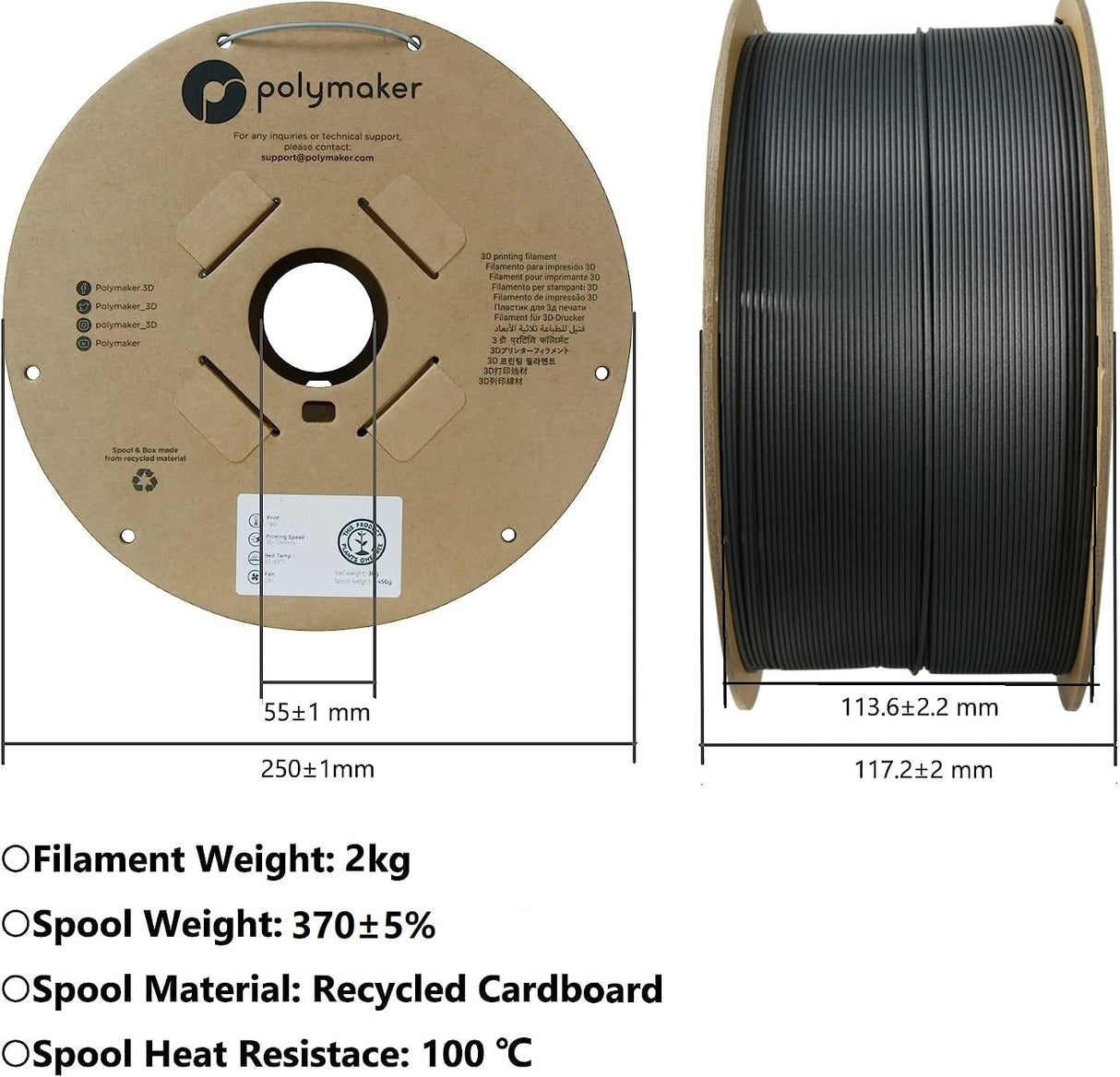 Polymaker PA6-GF Nylon Filament 1.75mm 2kg Grey Glass Fiber Nylon 3D Printing Filament - PolyMide PA6-GF Warp Free 3D Printer Filament POLYMAKER