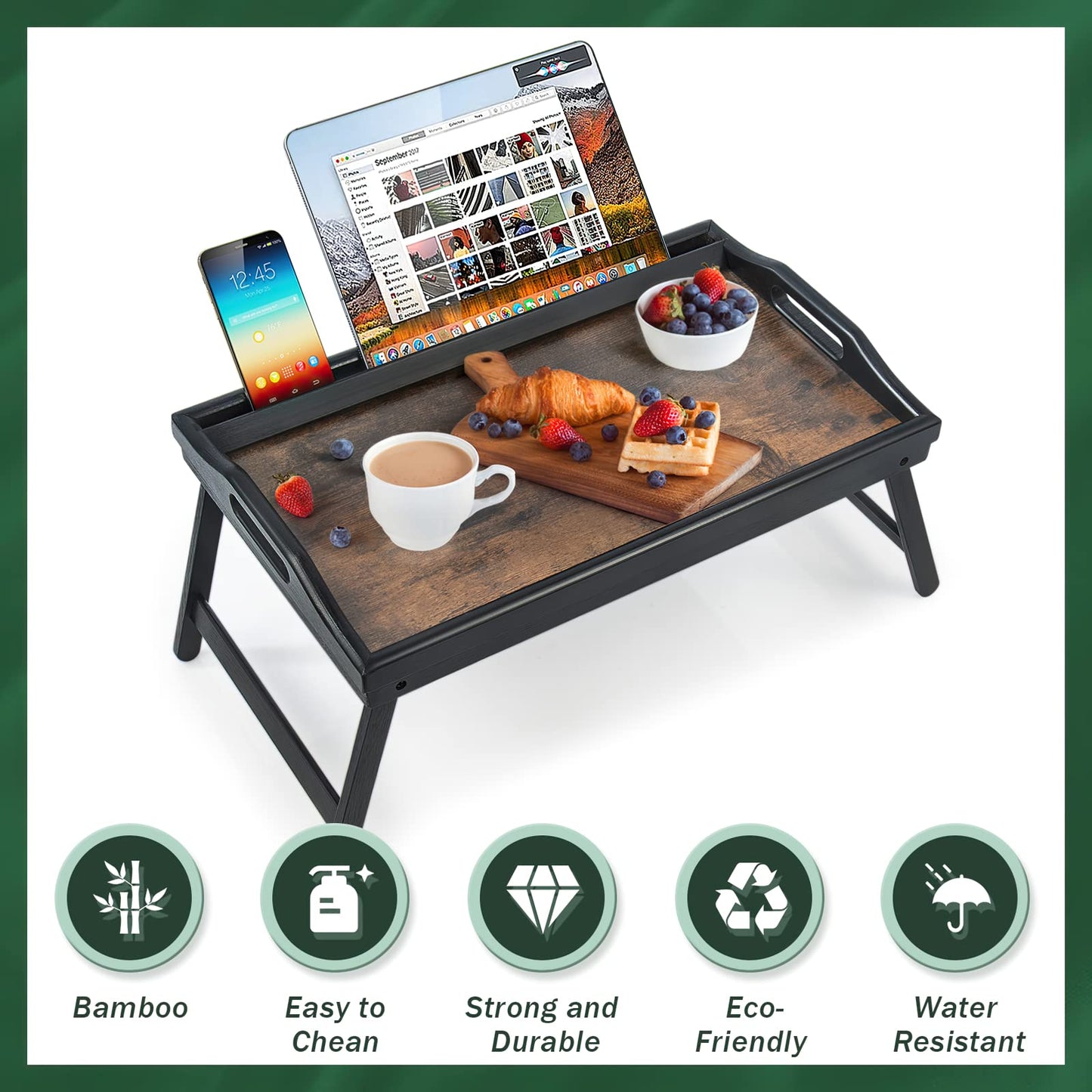 2 Pack Bed Tray Table Breakfast Trays Serving Tray Bamboo Bed Laptap Floding Legs with Handles and Phone Holders