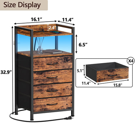Furnulem 4 Drawer Dresser for Bedroom, Tall Nightstand with Led Light and Charging Station, Small Night Stand Bedside Table, Fabric Bins, Metal Frame, Wood Shelf, Side Furniture(Rustic Brown) Furnulem