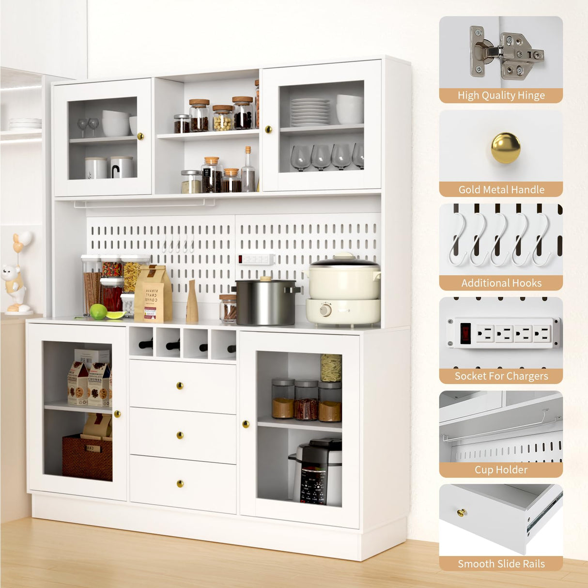 VOWNER Kitchen Hutch Cabinet, Pantry Cabinet, Freestanding Buffet Hutch with Pegboard, Cup Holder, Power Outlet, 4 Doors & 3 Drawers, Cupboard with Microwave Shelf & Wine Racks (White) VOWNER