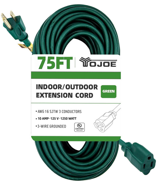 YOJOE Indoor Outdoor Extension Cord, 3 Prong 10A Weatherproof Power Extension Cord, 16 Gauge Heavy Duty 75 ft Green Extension Cord for Garage, Garden and Home, 16/3 SJTW UL Listed