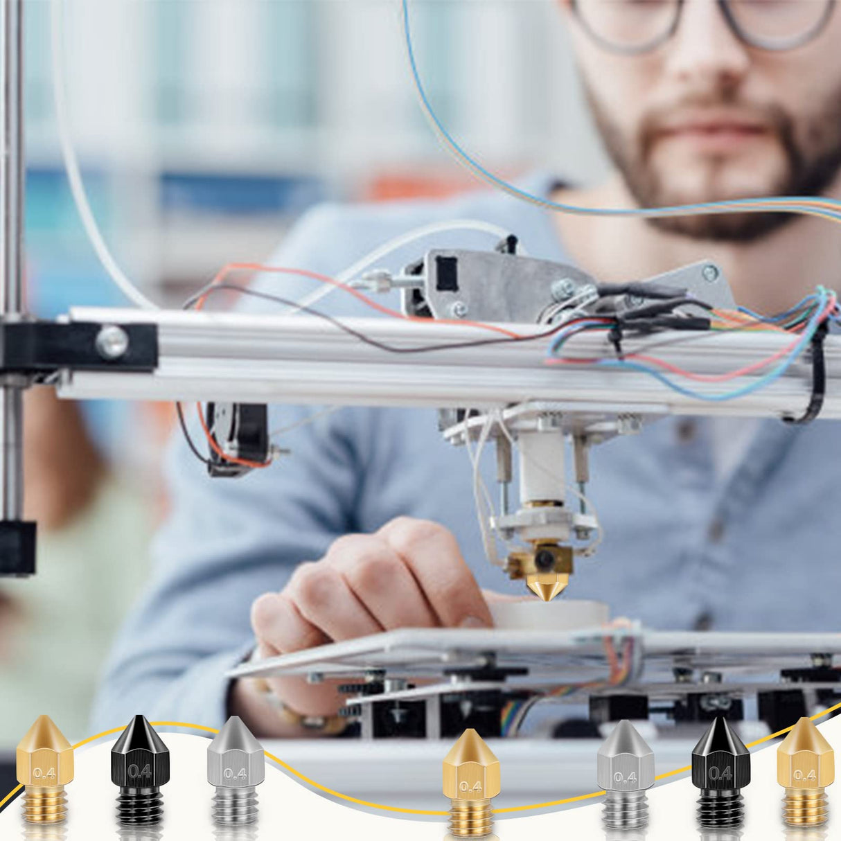 50 Pcs 3D Printer Nozzles - Hardened Steel Stainless Steel Brass Printer Extruder Nozzles Set for CR-10, Ender 3 - High Temperature Pointed Wear Resistant Mk8 Nozzles - 3D Printer Nozzle Cleaning Kit Axeyil