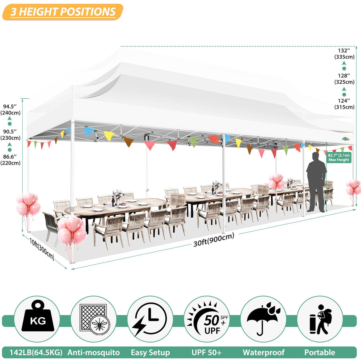 COBIZI 10x30 Pop up Canopy Tent with Sidewalls, Heavy Duty Easy Set up Outdoor Canopy with Mosquito Net Pop up Screen Tent for Parties, Screened in Canopy with Net for Backyard with Roller Bag, White COBIZI