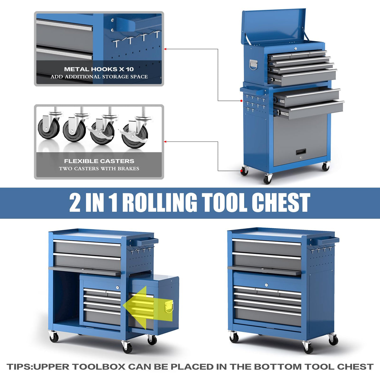 AIRAJ PRO Rolling Tool Chest with Wheels,8-Drawer Large Tool Storage Cabinet with 10 Hooks & 8 Tool Box Organizer & 2 Keys,Detachable High Capacity Tool Chest for Workshop Mechanics Garage AIRAJ PRO