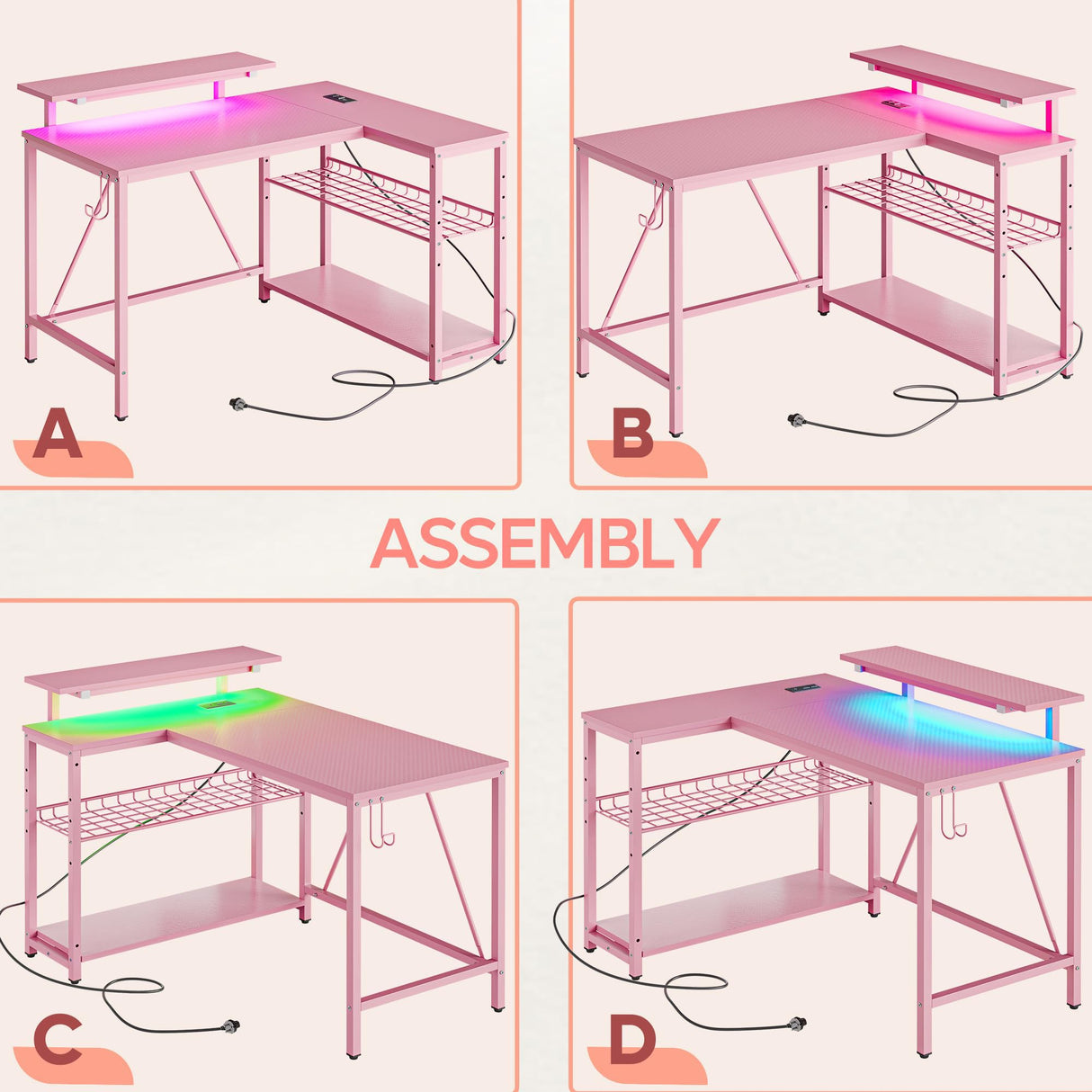 Bestier Gaming Desk with Power Outlets, 42" L-Shaped Gaming Desk with LED Lights, Desk with Reversible Storage Shelves & Hooks for Small Spaces, Bedrooms & Offices,Carbon Fiber Pink Bestier
