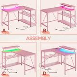 Bestier Gaming Desk with Power Outlets, 42" L-Shaped Gaming Desk with LED Lights, Desk with Reversible Storage Shelves & Hooks for Small Spaces, Bedrooms & Offices,Carbon Fiber Pink Bestier