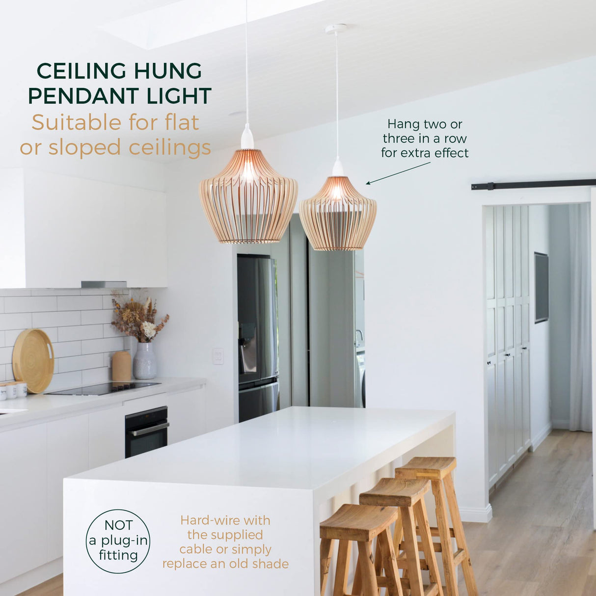 Bellaniks Wood Pendant Light - Easy-to-Assemble Ceiling Chandelier - Modern Boho Hanging Lamp Lighting Fixture for Dining, Kitchen, Bedroom, Living Room - Adjustable Nylon Cord, Uses Standard Bulb Bellaniks