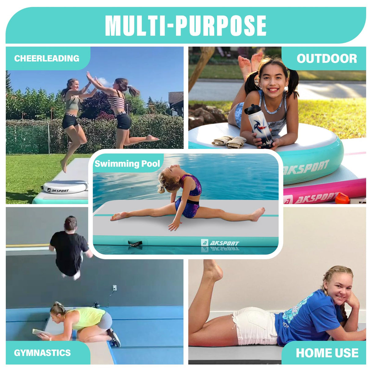 AKSPORT Inflatable Gymnatsics Mat Tumble Track 10ft 13ft 16ft 20ft 23ft Air Tumbling Mat with Air Pump for Home Use/Training/Cheerleading/Yoga AKSPORT