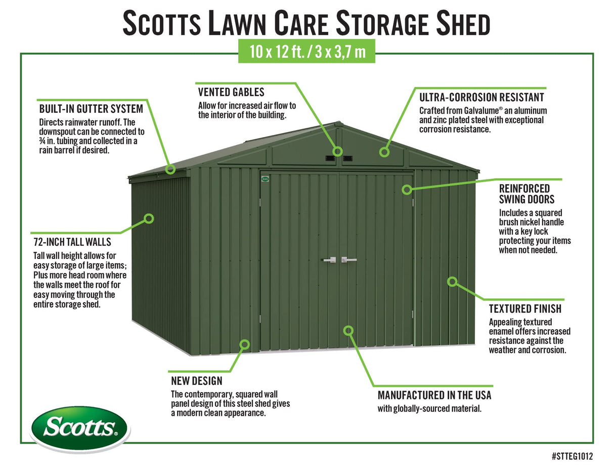 Scotts 10' x 12' Outdoor Lockable Water-Resistant Steel Storage Shed Building with Tool Hanger and Gable Roof, Green Scotts