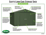 Scotts 10' x 12' Outdoor Lockable Water-Resistant Steel Storage Shed Building with Tool Hanger and Gable Roof, Green Scotts