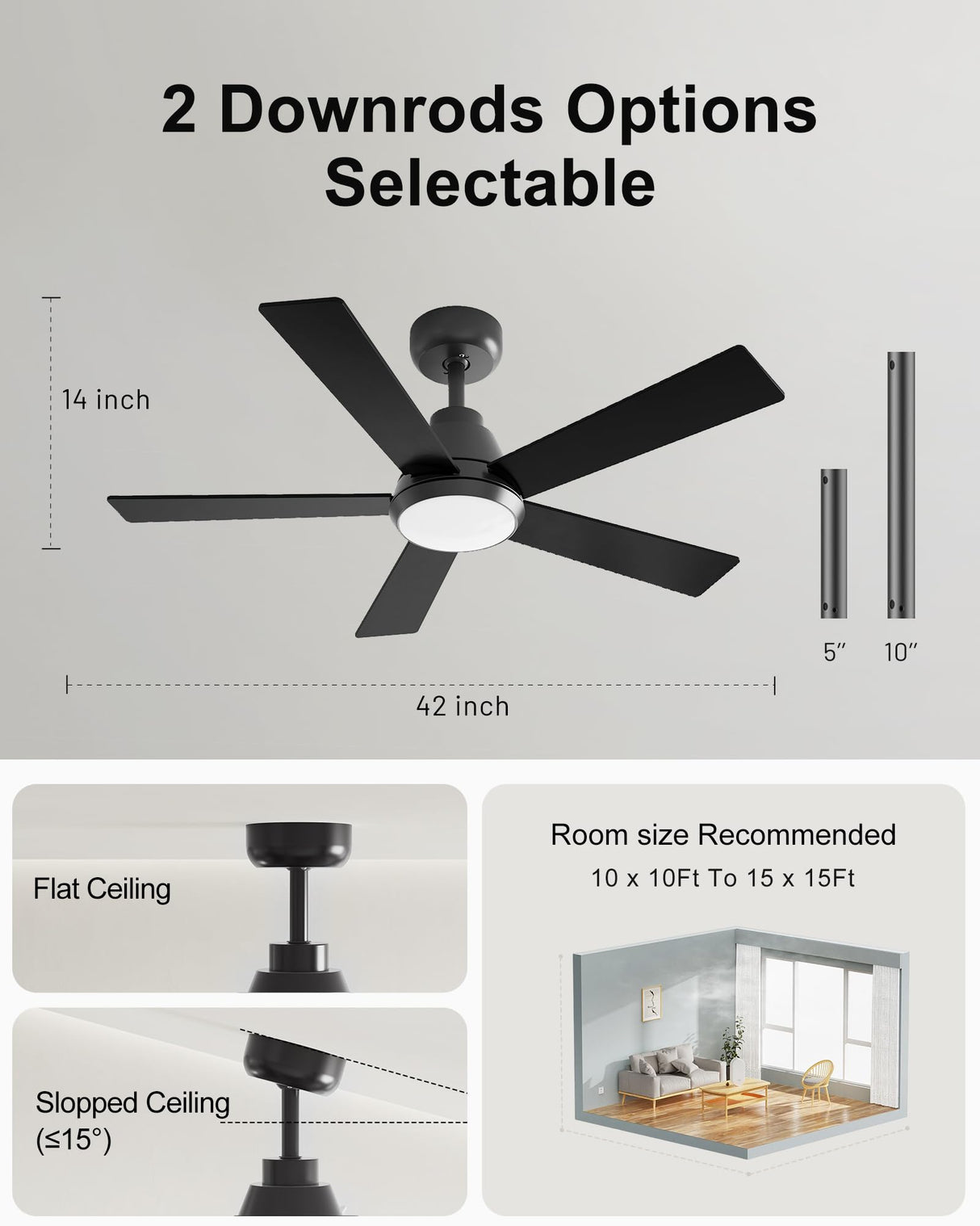 CubiCubi Ceiling Fan, 42" Black Ceiling Fans with Lights and Remote/APP Control, Quiet, 3000-6500K Dimmable, Modern Ceiling Fan with Light for Indoor Bedroom, Living Room, Kitchen CubiCubi