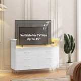 Patikuin White Dresser for Bedroom with LED Light & Charging Station, 6 Drawers Wooden Dressers with Open Space, Modern Chest of Double Wide Drawers for Living Room, Entryway, Hallway TV Stand Patikuin