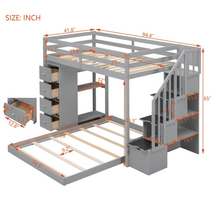 Harper & Bright Designs Grey Twin Over Full Bunk Bed with Storage Stairs and Drawers