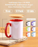 RAINBOWTIE Sublimation Mugs Set of 12, 15 oz Sublimation Mugs Blank with Bamboo Lid, Sublimation Coffee Mugs, Tazas Para Sublimacion, Mug Sets, Coffee Cup with Lid,6 Assorted Colors RAINBOWTIE