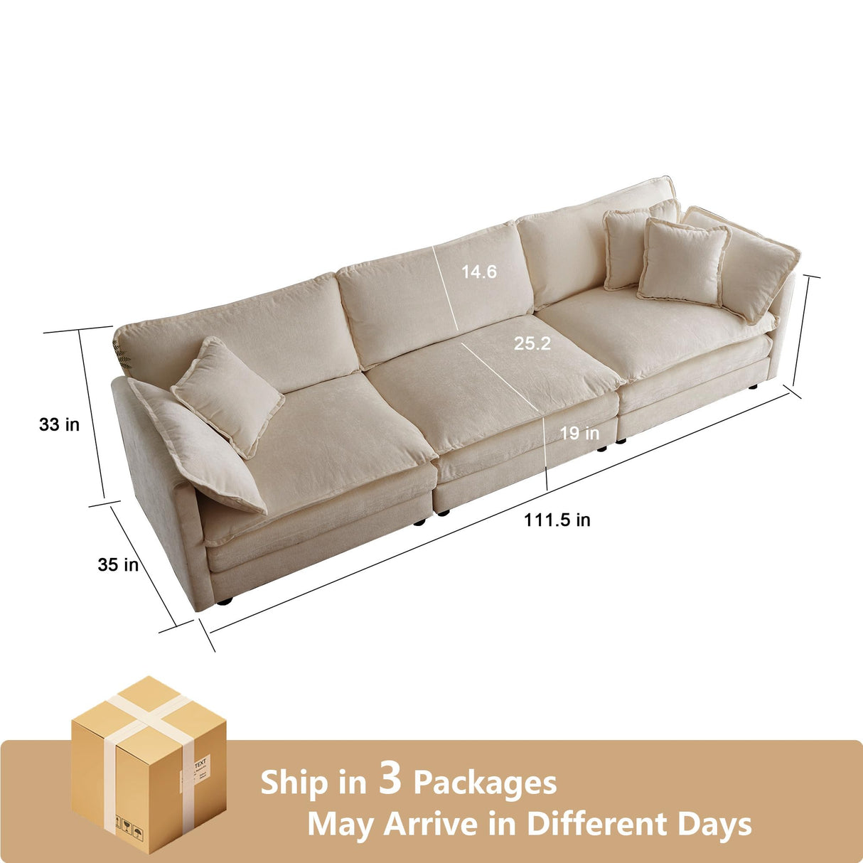 Tmsan 111.5" Oversized Deep Seat Sectional Sofa, Modern Chenille Cloud Couch, Large 3 Seater Modular Sofa with 5 Pillows for Living Room Bedroom Apartment Office Tmsan
