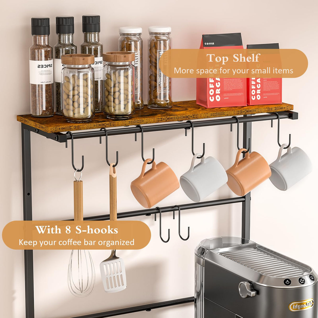 4 Tier Coffee Bar Station, Coffee Stand with 8 S-Shaped Hooks, Large Space Coffee Station Table, Farmhouse Coffee Bar Shelf, Bakers Rack for for Kitchen, Living Room, 24.41" W x 15.78" D x 57.17" H DAOUTIME