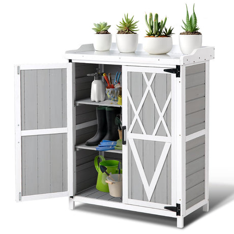 Outdoor Potting Bench with Metal Work Top,Waterproof Garden Storage Cabinet, Wooden Garden Work Bench with Adjustablev Shelves & Double Doors for Backyard, Patio, Lawn Gardening,White Grey PeacefulHues
