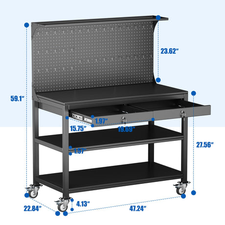 Aobabo Metal Workbench with 2 Lockable Drawer, Steel Tube Legs Workbench on Wheels, 3 Levels Workbench with Pegboard &35 Hooks for Garage Warehouse Utility Room, Black Tool Bench, Assembly Required Aobabo