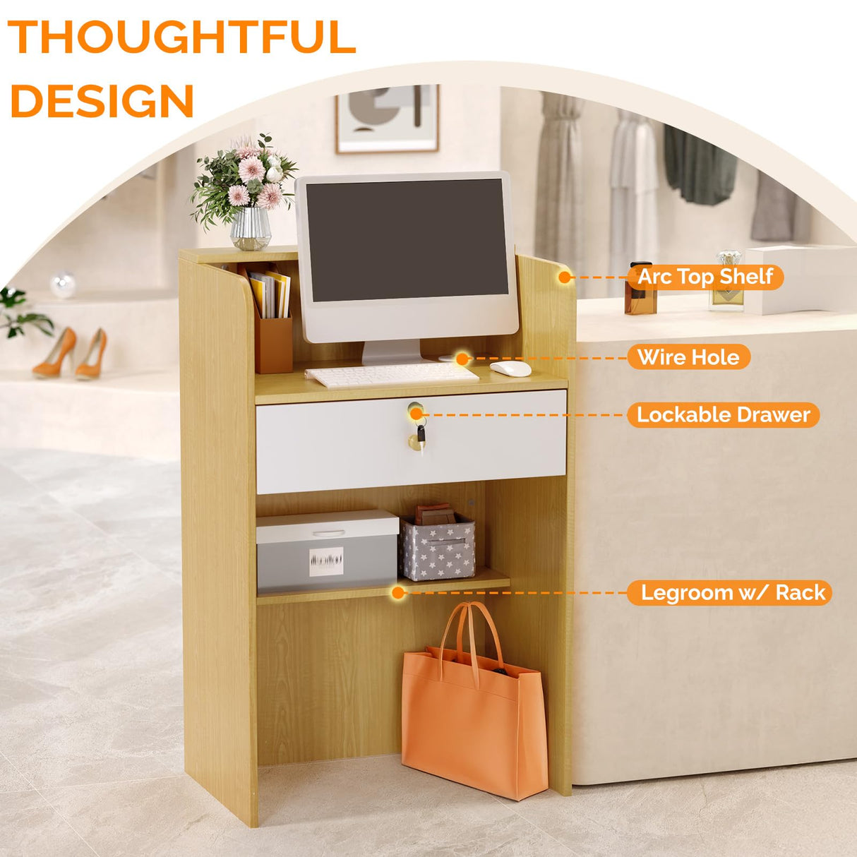 OmySalon Reception Desk with Counter, Small Front Desk w/Lockable Drawer, Wooden Modern Reception Table for Salon Lobby Office Home (Original Wood, 24) OmySalon