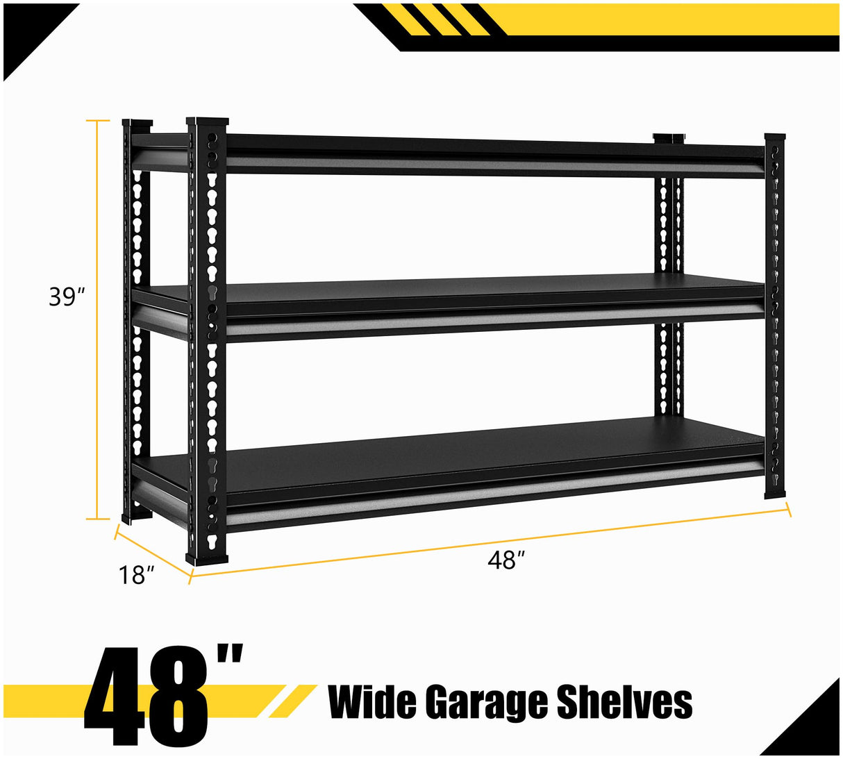 Rufokisa Metal Garage Shelving Heavy Duty，1530LBS Loads Garage Storage Shelves, 48”W 3-Tier Adjustable Storage Racks and Shelving Units for Garage Basement and Kitchen, 48”W x 18”D x 39”H,Black Rufokisa