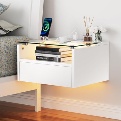 MULEJYBO Floating Nightstand with Charging Station, Floating Night Stand with Charging Station and LED, Night Stand for Living Room, Entryway Wall, Bedroom White Nightstand