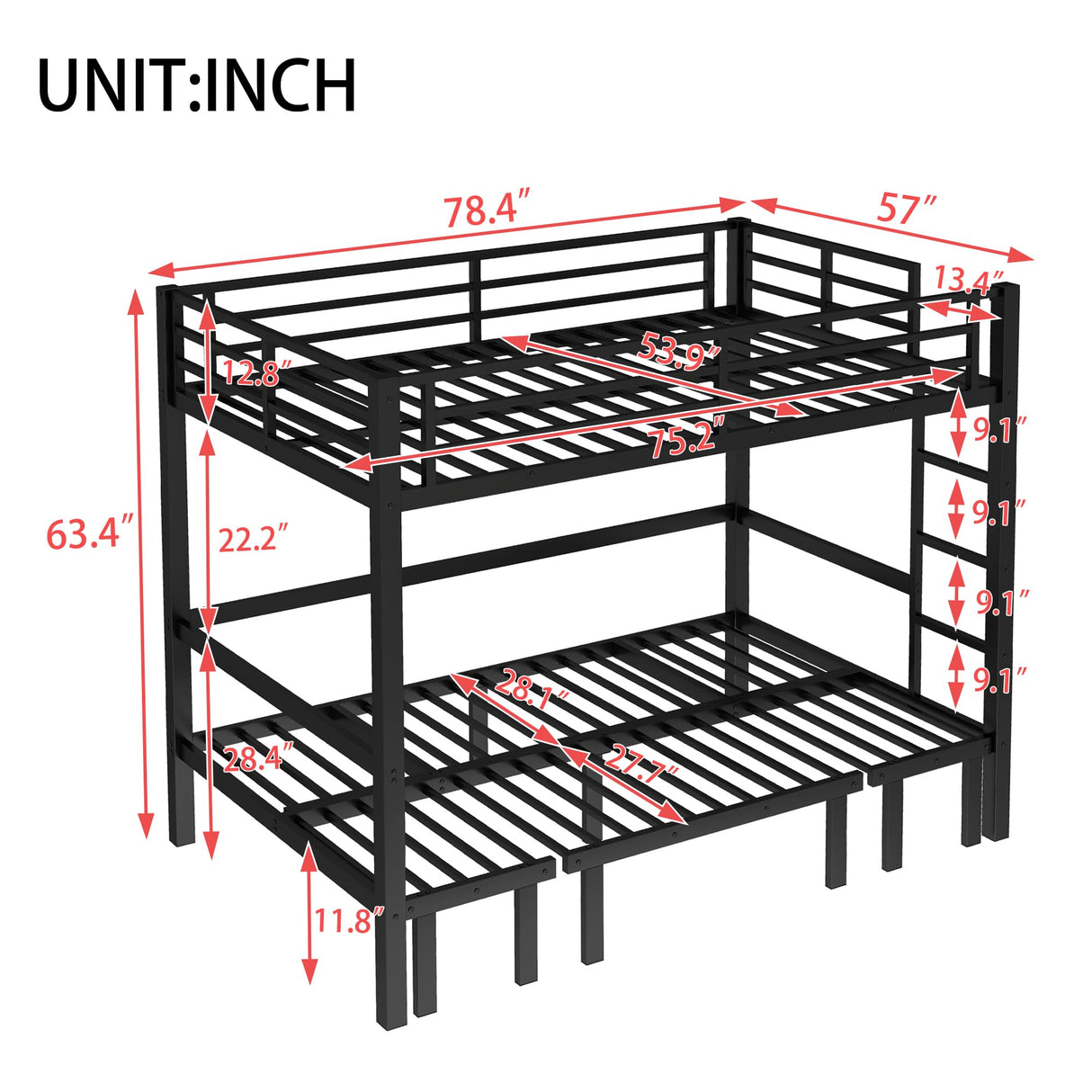 Full Over Full Bunk Bed for Adults, Heavy Duty Bunk Bed can Turns into Full Size Loft Bed with U-Shaped Sofa, Adults Bunk Bed with Safety Rails and Side Ladder, Black(Not Include Cushion) Bellemave