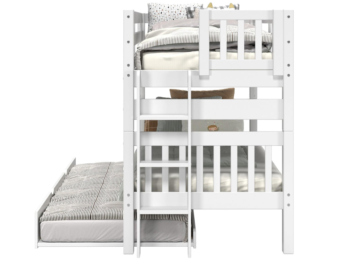 Bedz King Bunk Beds Twin over Twin Mission Style with End Ladder and a Twin Trundle, White Bedz King