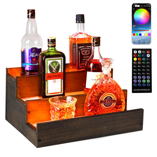 Lighted Liquor Bottle Display Shelf with Fences, 3 Step Wood Bar Shelves with Acrylic, Illuminated Whiskey Rack Liquor Stand with Remotes Control & App Control for Home Bar & Party (12 bottle - WoodArtSupply