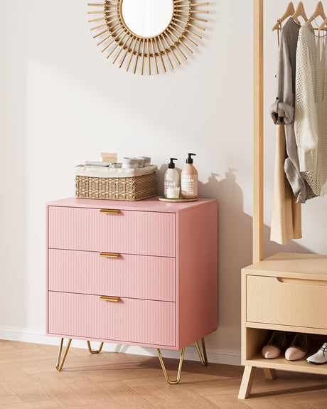 AEPOALUA Fluted 3 Drawer Dresser for Bedroom, Modern Storage Bedroom Dresser Chest Cabinet Organizer with Anti-Tip Hardware for Living Room, Dressing Room, Kids Room, Office (Pink) AEPOALUA