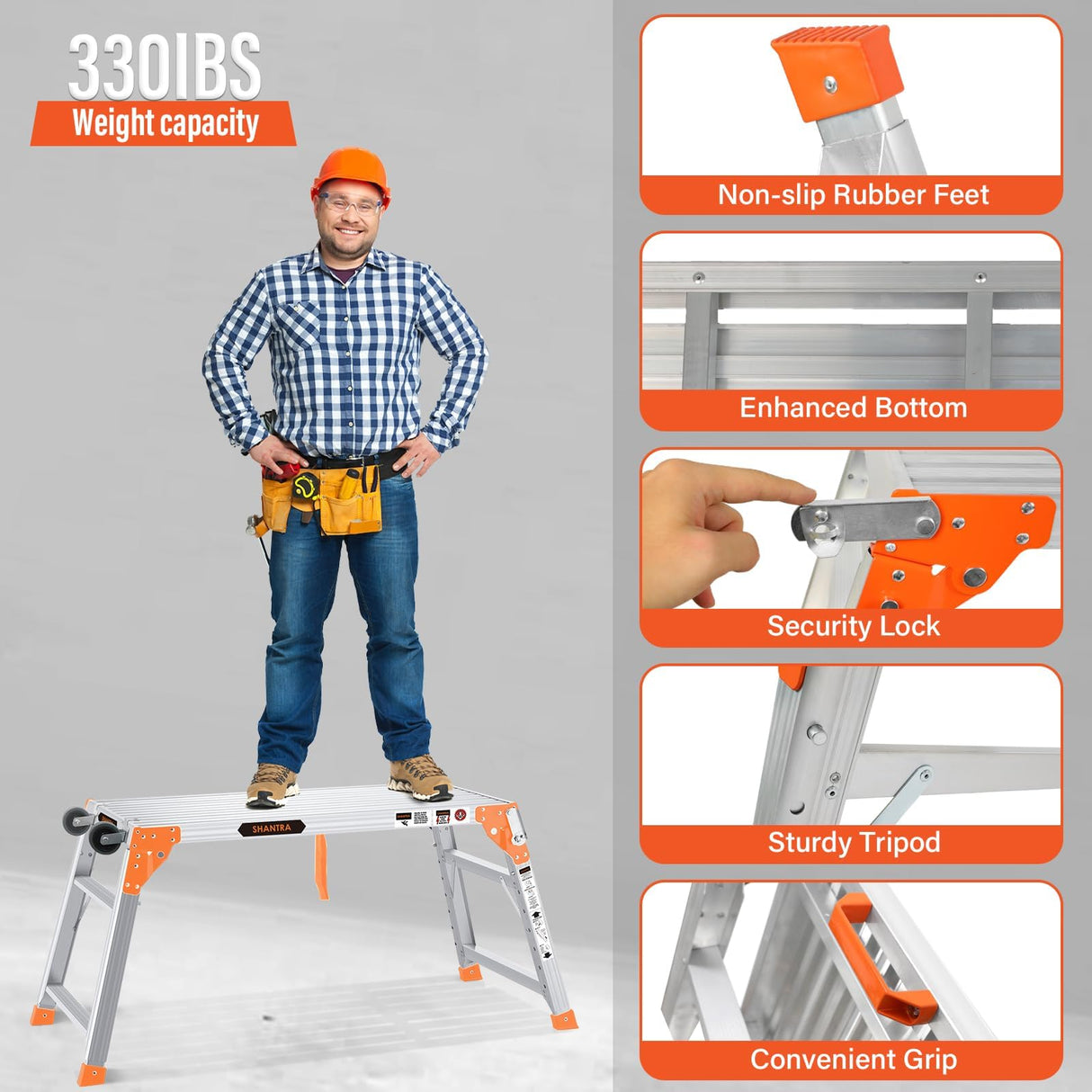Multifunctional & Adjustable Work Platform with Wheels, 330 lbs Capacity, 24 to 35 inches Step Ladder, Aluminum Folding Scaffolding Ladder, Heavy Duty Portable Bench Ladder Stool with Non-Slip Feet SHANTRA