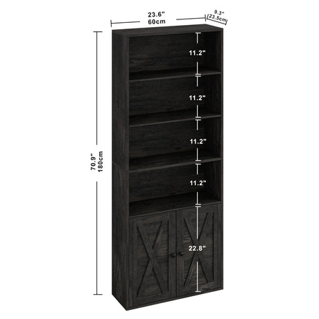 IRONCK 6-Tier Industrial Bookcase with Doors – Charcoal Grey Floor Standing Shelves for Home Office and Living Room IRONCK