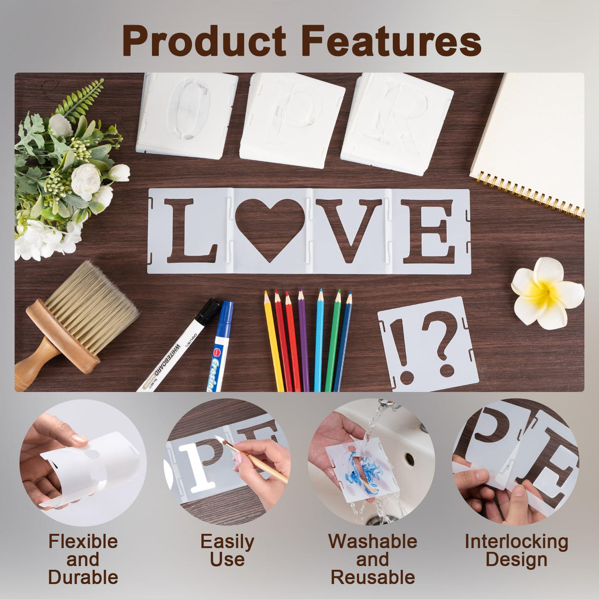 Amrules 65 Pcs 4 Inch Plastic Painting Stencils Reusable Letters Numbers and Symbols Stencil Art Crafts Interlocked Drawing Templates Set for Wood, Walls, Fabrics, Rocks Amrules