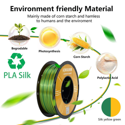 Kingroon PLA 3D Printer Filament, Dual Color Silk PLA Filament, Dimensional Accuracy +/- 0.03 mm, 1kg Spool(2.2lbs), 1.75 mm, Yellow Green - WoodArtSupply