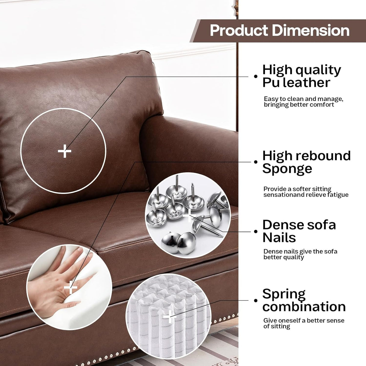 Brown Leather Couch, Comfy Classic 3 Seater Living Room Sofa，Mid-Century Modern Sofa with Detachable Cushions 84" for Living Rooms, Bedrooms, Offices,Apartments Tool-Free Assembly(Brown PU + Sofa) INOTEVERITORY