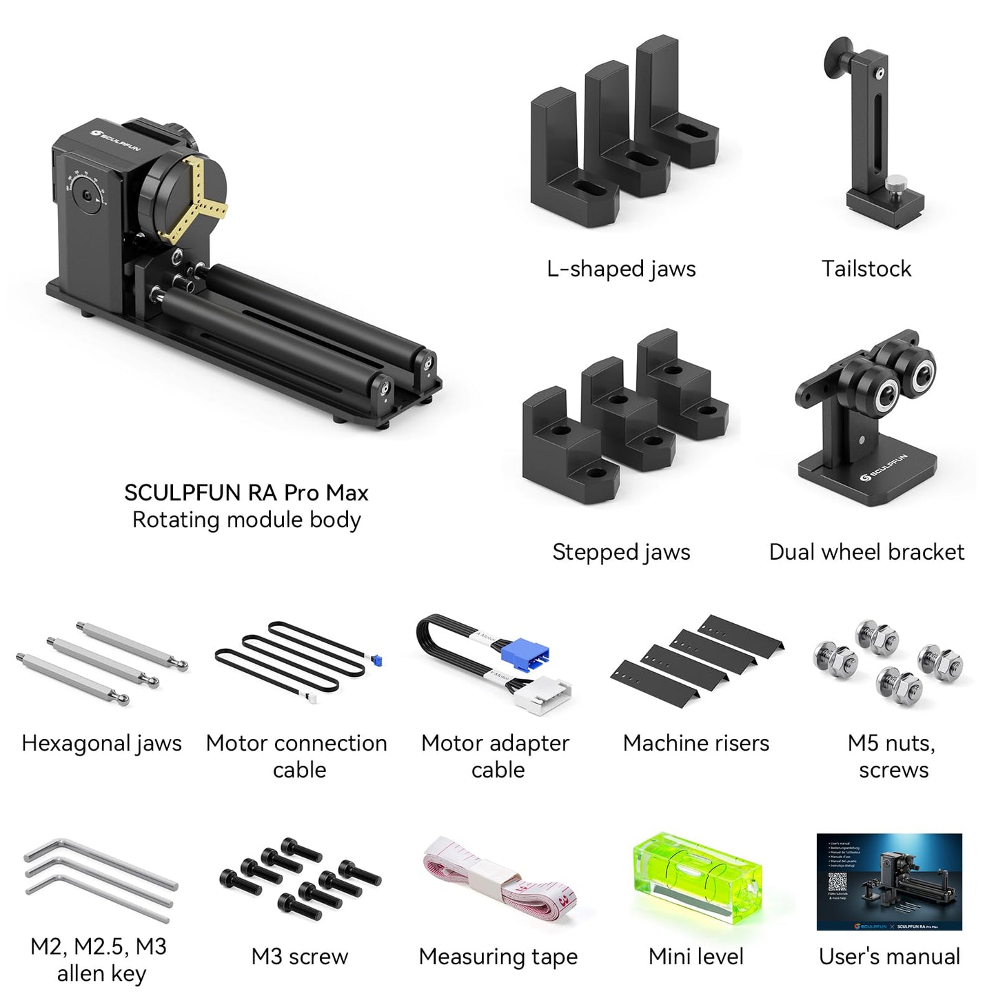 SCULPFUN RA Pro Max Laser Rotary Roller, 4 in 1 Multi-Function Chuck Rotary with Riser, 180° Adjustable Chuck with 3 Jaws for Engraving Rings, Spherical, Cylindrical Objects, Irregular Items - WoodArtSupply