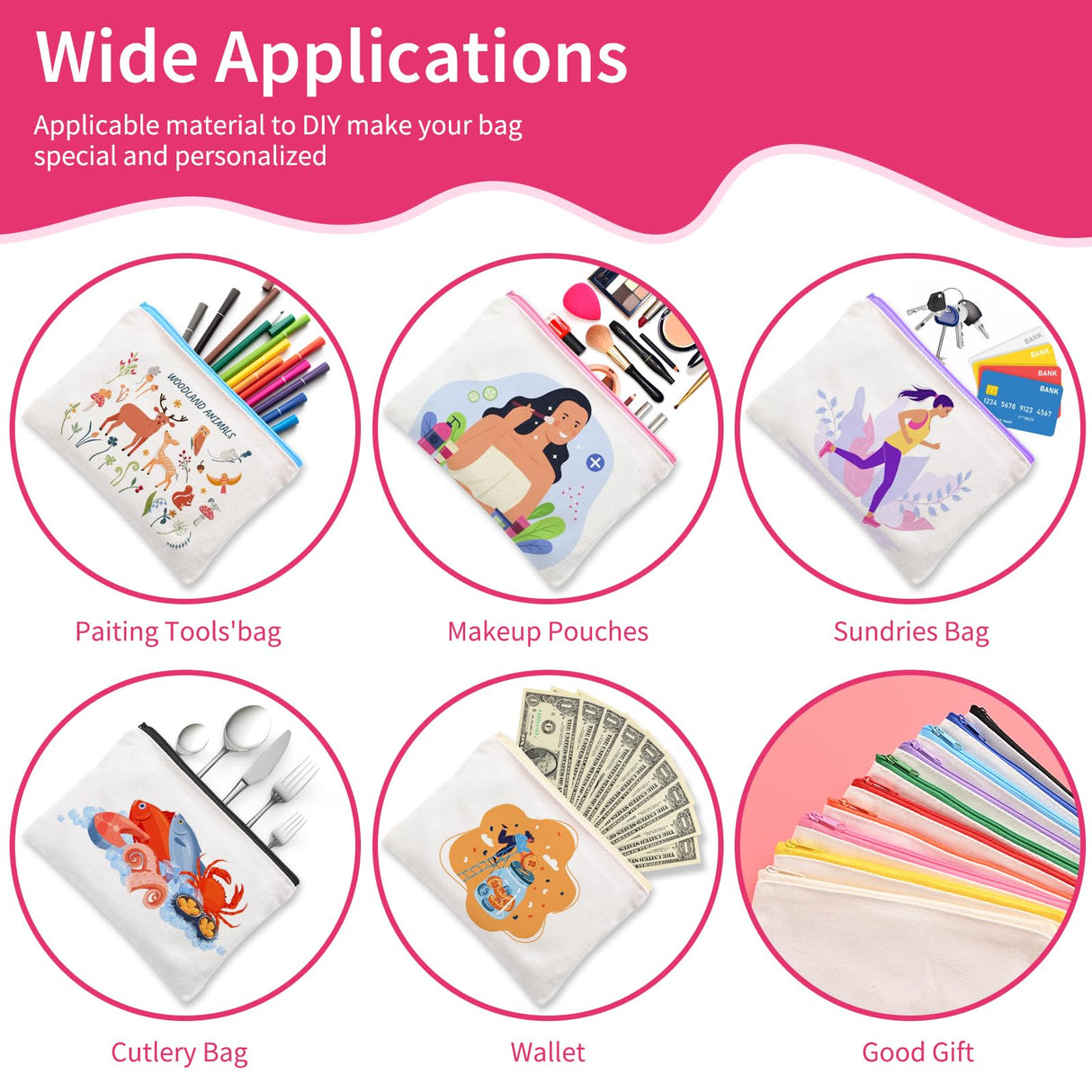 50Pcs Canvas Makeup Bags Bulk, 7.87 x 5.7 Inch Cotton Sublimation Blank DIY Heat Transfer Cosmetic Makeup Bag w/Colorful Zipper for Bridesmaid Makeup Bag Travel Toiletry Pouch Storage, Christmas Craft AMDAILY