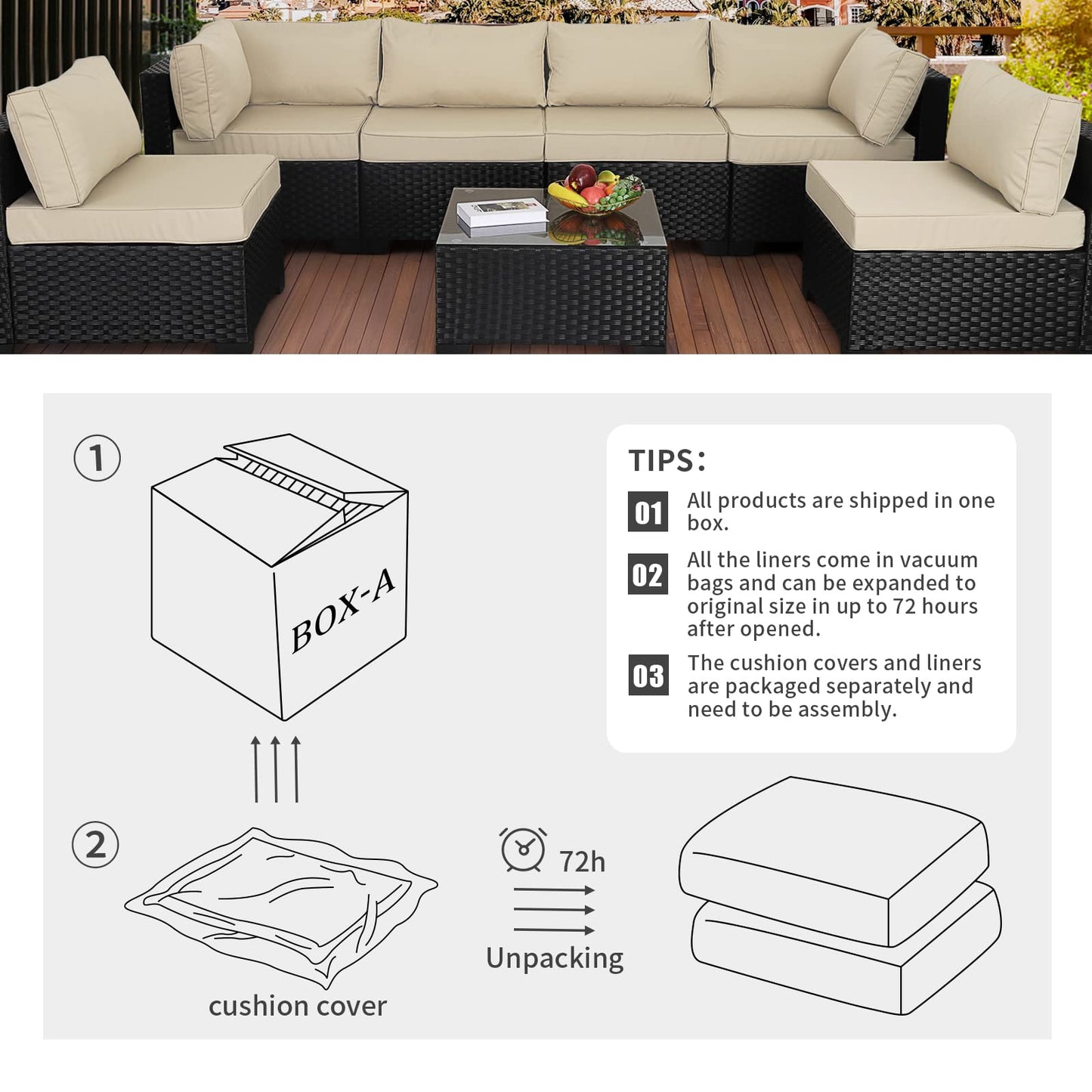 Valita Outdoor Furniture Replacement Cushions, Fits 6-seat Sectional Rattan Conversation Set, 14-Piece Patio Water-Resistant Replacement Sofa Cushions, Liner&Cover (Khaki) - WoodArtSupply