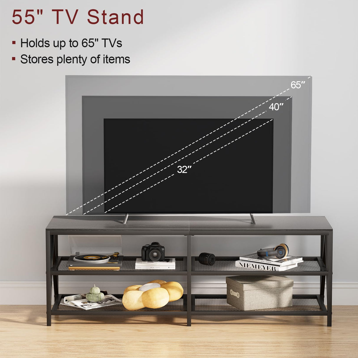 Katrawu TV Stand for TV up to 65 Inch, Long 55" TV Cabinet with 3-Tier Storage Shelves,Entertainment Center TV Console Table for Living Room with Industrial TV Metal Frame, Black Oak Katrawu