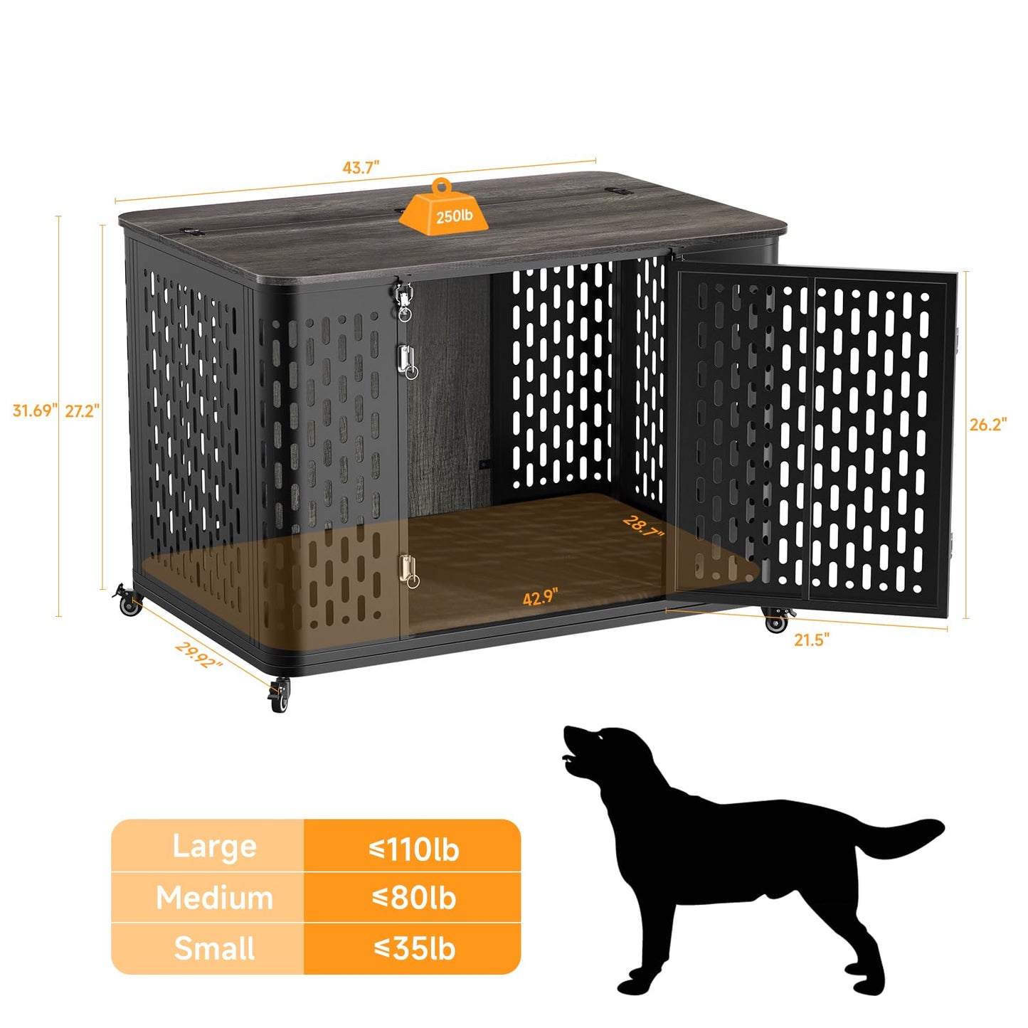 ONBRILL Dog Crate Furniture with Cushion, Wood Dog Kennel with Flexible Wheels and Multi-Purpose Dog Cage for Small/Medium/Large Dogs, 43.7 Inch Dog Kennel, Rustic Grey