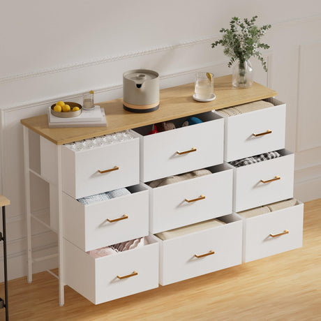 VASICAR Wide TV Stand Modern TV Console, 9 Drawers Dresser for Bedroom, Fabric Storage Cabinet, Chest of Drawers for Closet, Nursery, Living Room（White） VASICAR