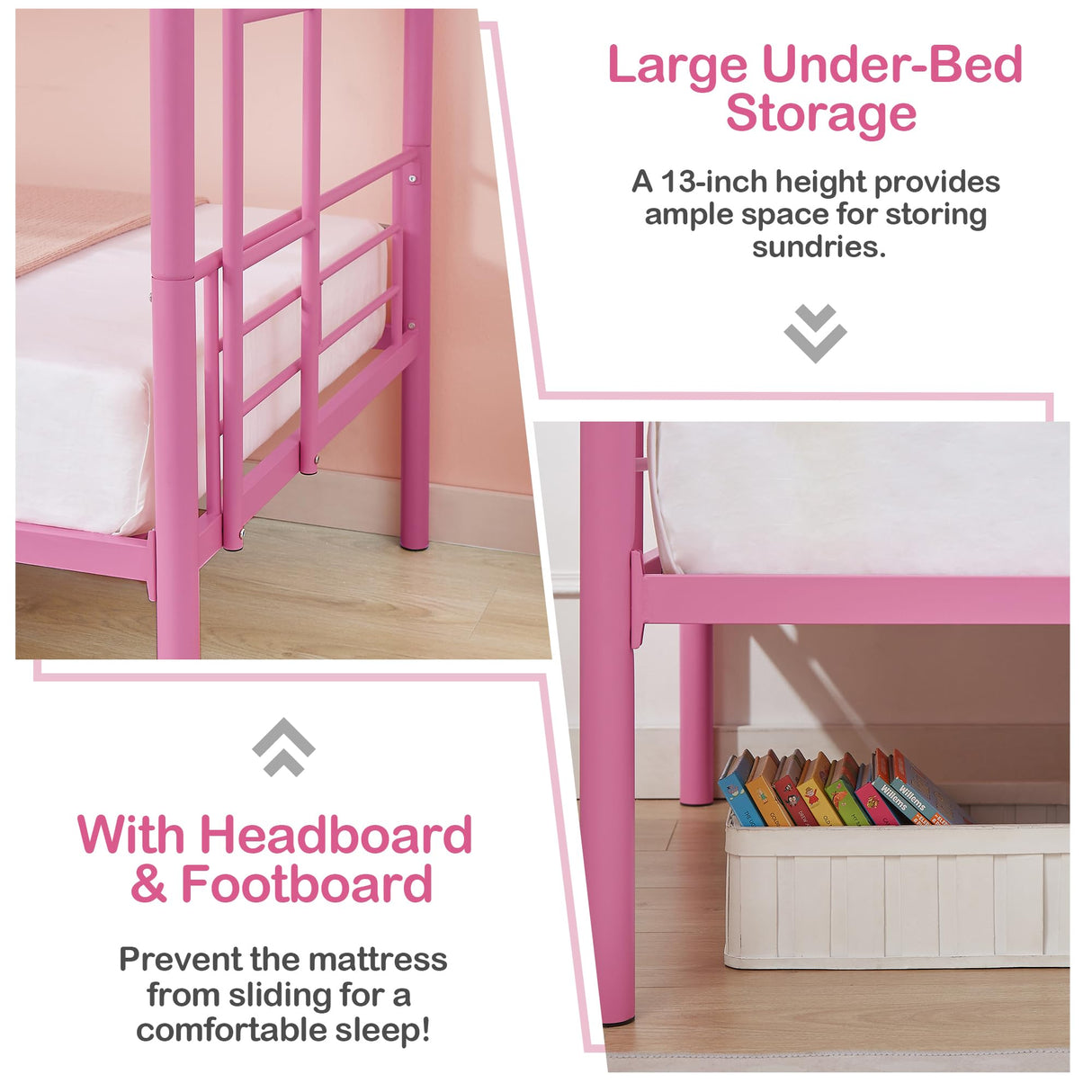 VECELO Metal Bunk Bed Twin Over Twin, Industrial Bunkbeds with Ladder and Full-Length Guardrail, Noise Free, No Boxing Spring Needed, Pink VECELO