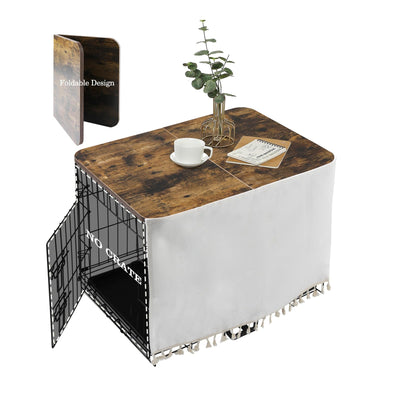 VIE DE AMAN Dog Crate Topper Wood for 24 30 36 42 48 inch Cages, Dog Crate Table Topper Foldable Dog Kennel Topper with Tassel Curtain, Rustic Style Top Rustic Brown(Crate Not Include)
